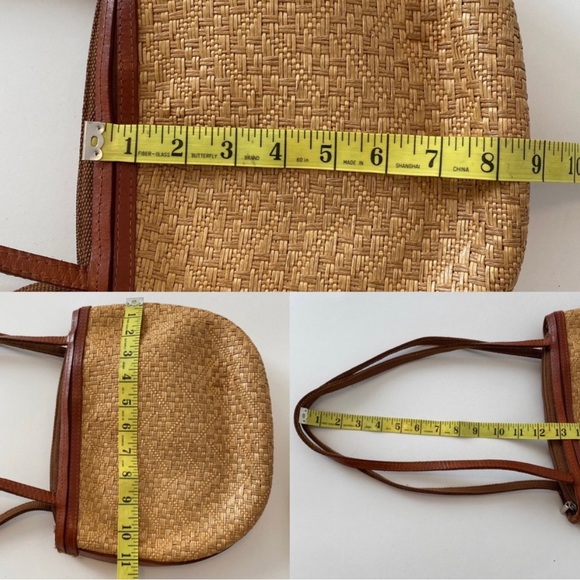 Vintage 80s Woven Straw Leather Trimmed Shoulderbag Brown Tan Double Straps - Picture 13 of 15